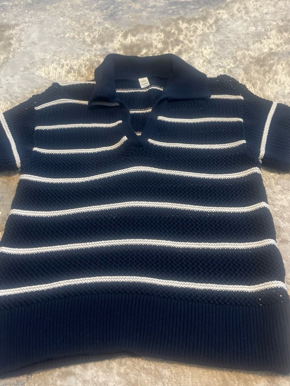 Old Navy Navy and White Striped V-Neck Knit Sweater Polo